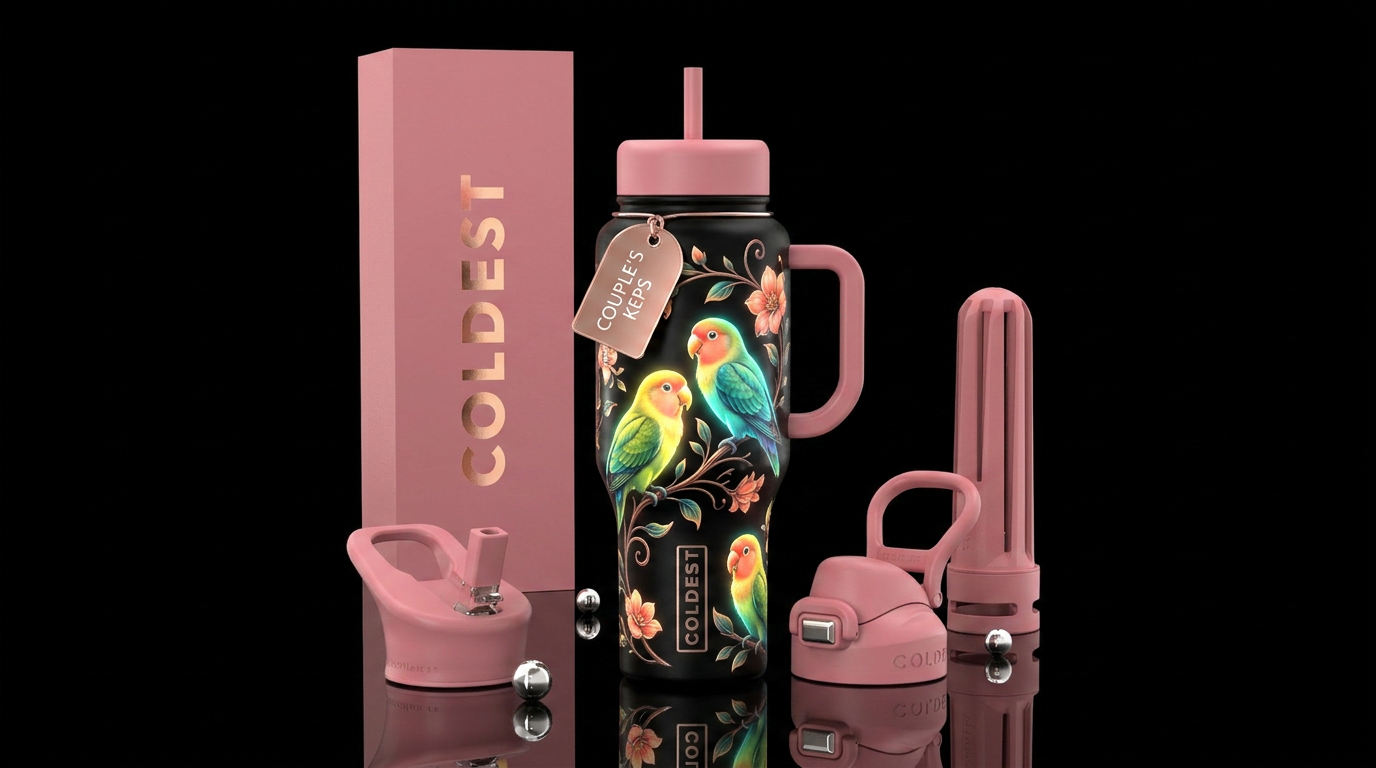 Cute lovebirds love ,glossy, glowie, trompe-l'œil water bottle design