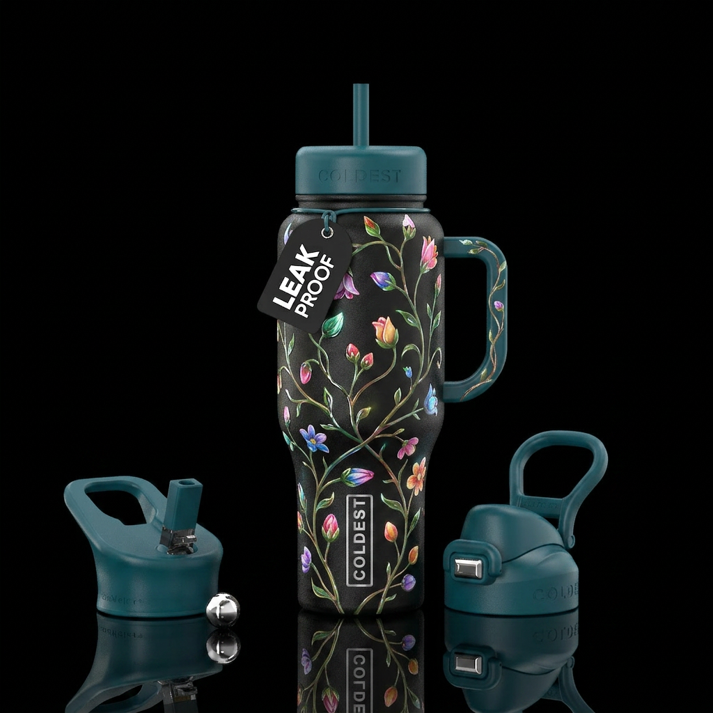 Cute vines, flowering, glossy, glowie, trompe-l'œi... water bottle design