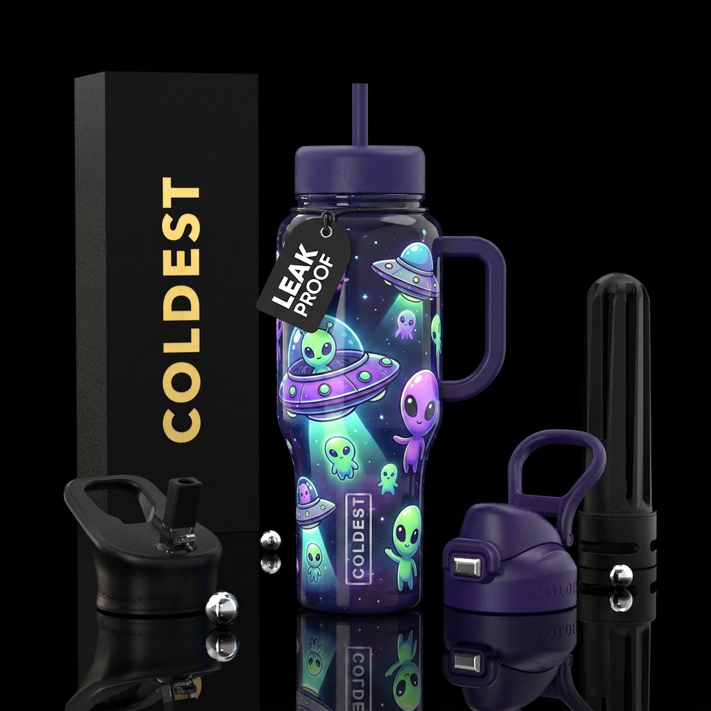 Cute ufo,aliens, glossy, glowie, trompe-l'œil water bottle design