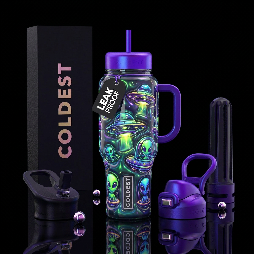 Cute ufo,aliens, glossy, glowie, trompe-l'œil,glow... water bottle design