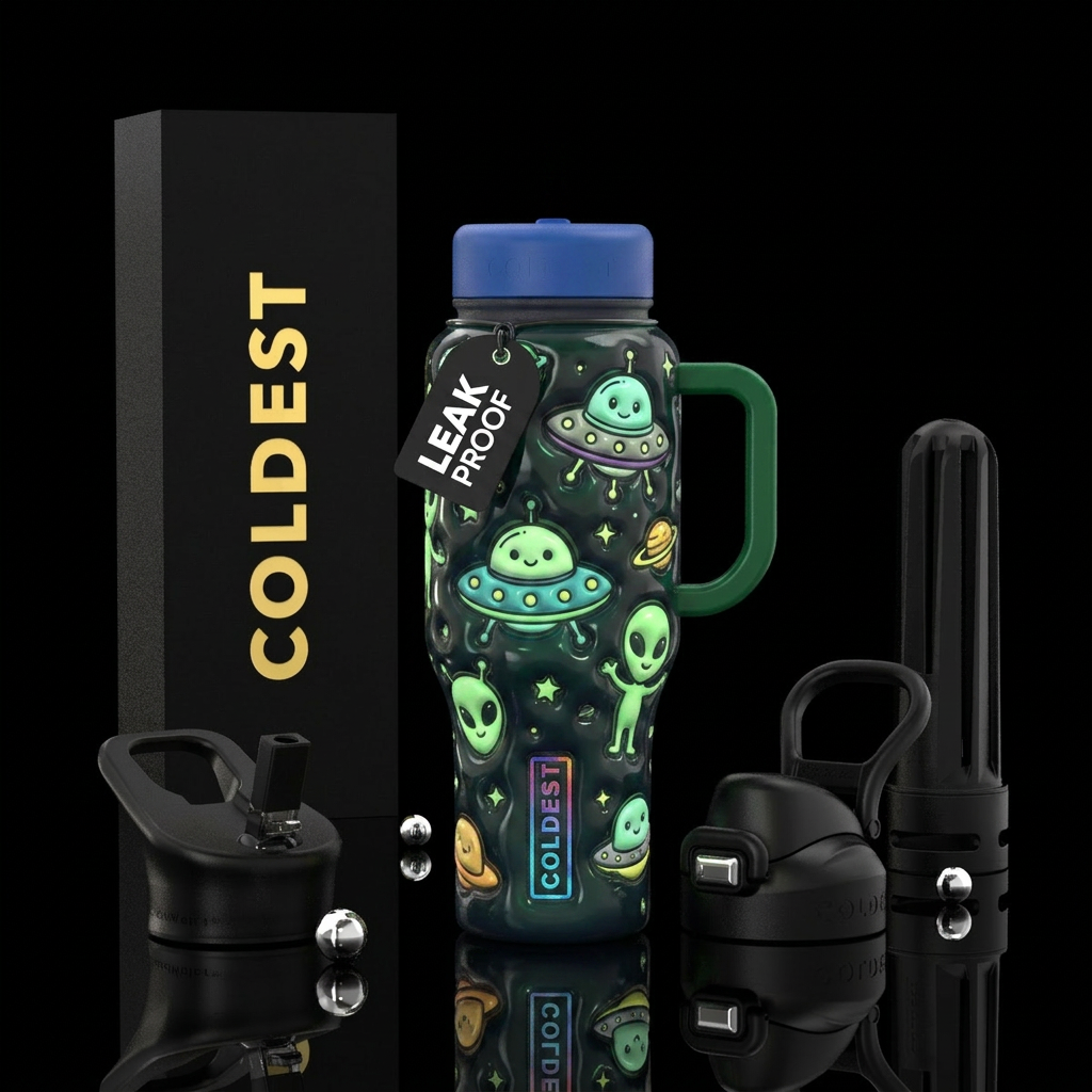 Cute ufo,aliens, glossy, glowie, trompe-l'œil,glow... water bottle design