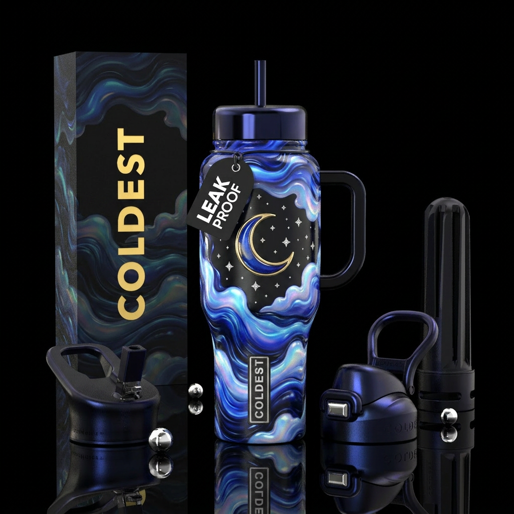 Beautiful bioluminescent waves and clouds that are... water bottle design