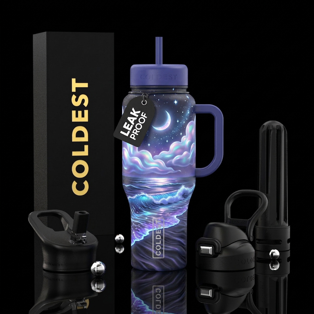 Beautiful bioluminescent waves on beach,and clouds... water bottle design