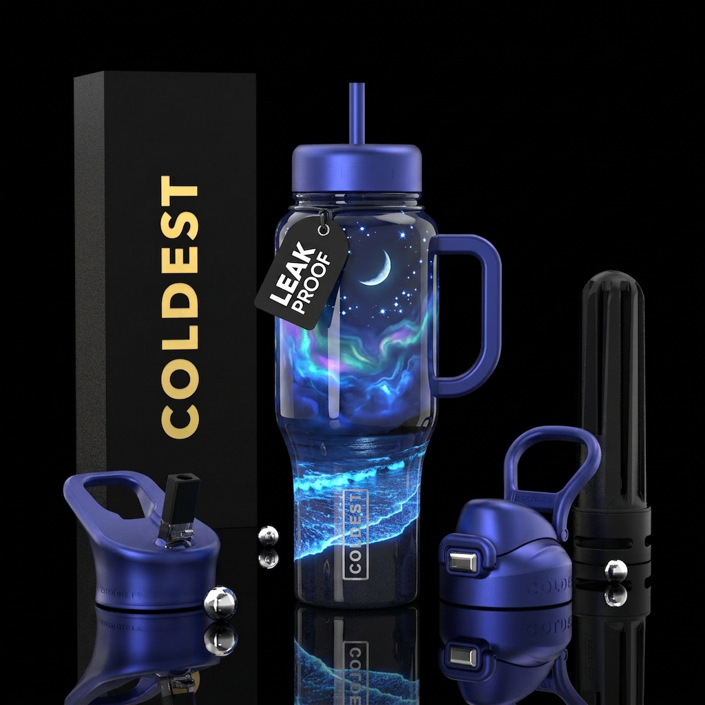 Beautiful bioluminescent waves on beach,and clouds... water bottle design