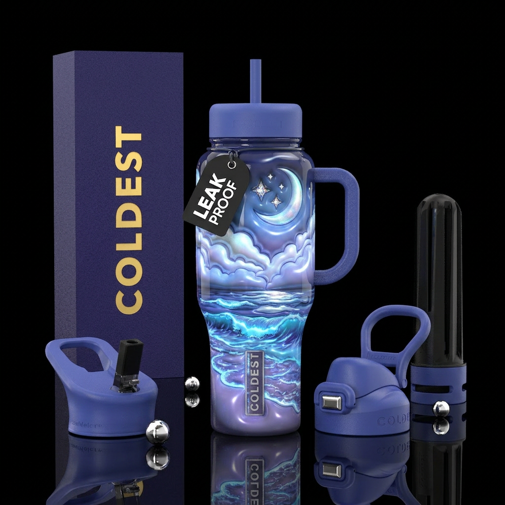 Beautiful bioluminescent waves on beach,and clouds... water bottle design
