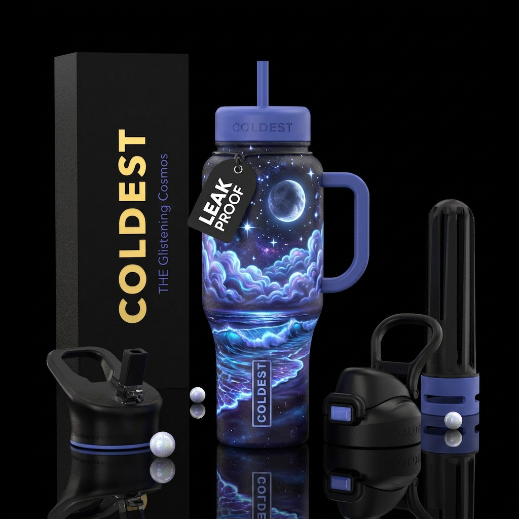 Beautiful bioluminescent waves on beach,and clouds... water bottle design