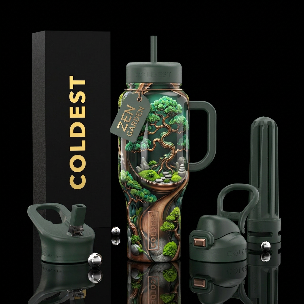 Bonsai trees, zen, glossy, trompe-l'œil water bottle design