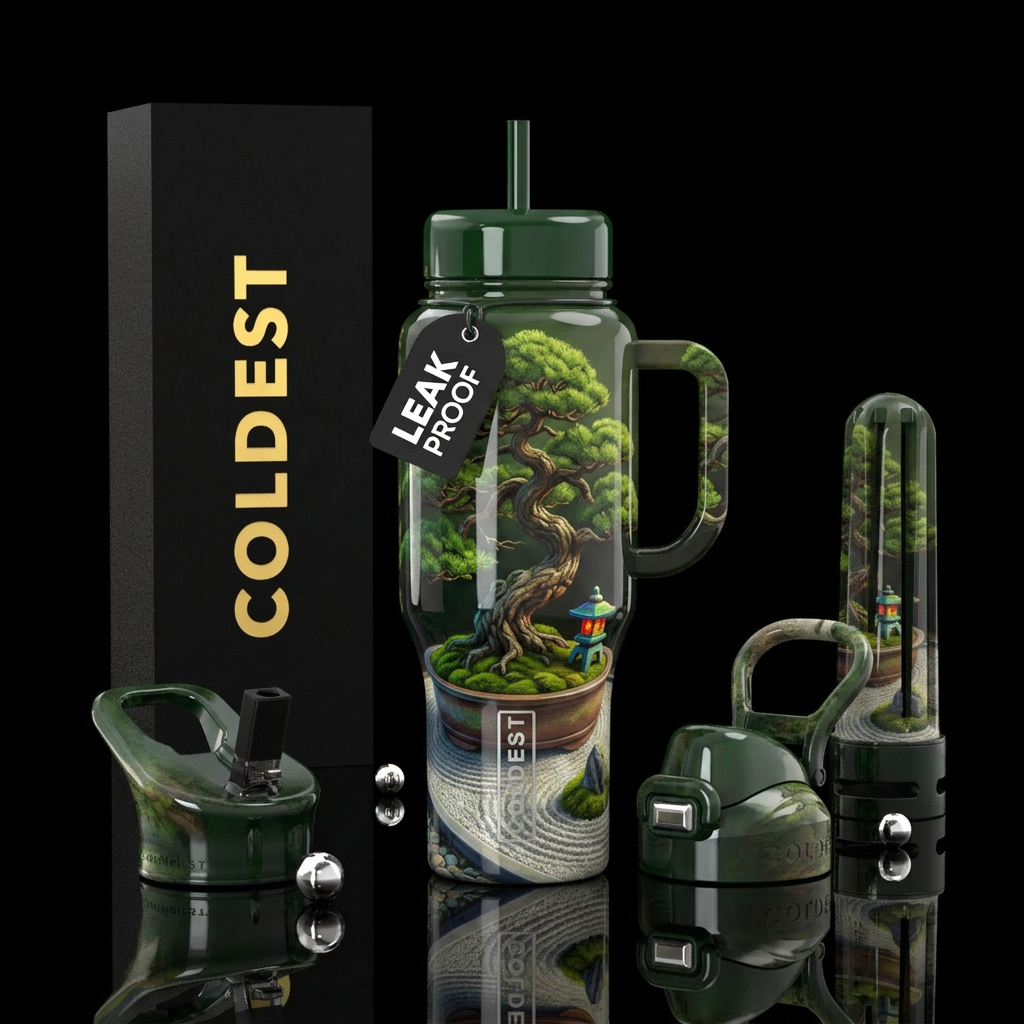 Bonsai trees, zen, glossy, trompe-l'œil water bottle design
