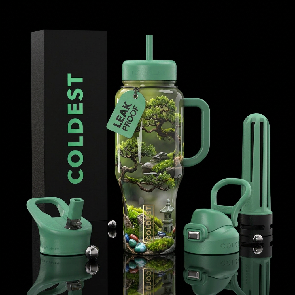 feng shui,bonsai, glossy, trompe-l'œil, glowie water bottle design