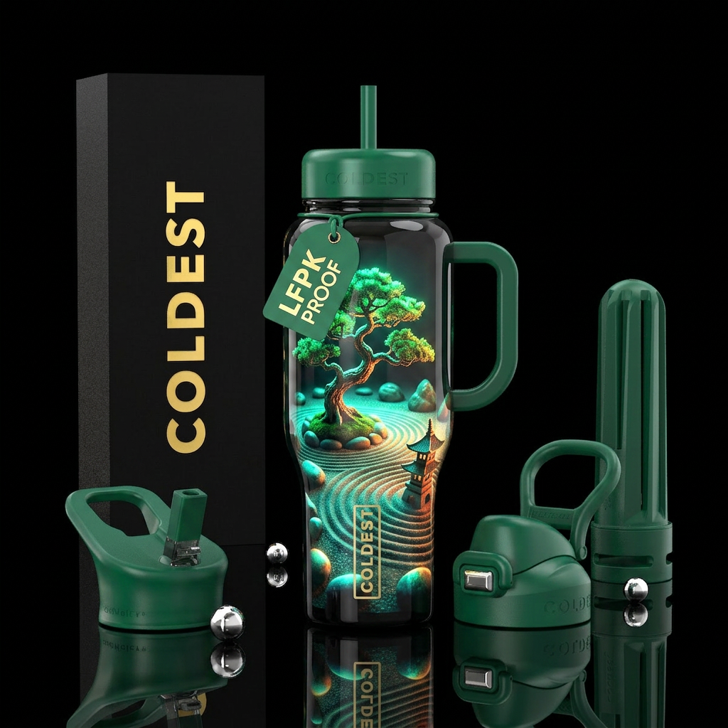 feng shui,bonsai, zen,glossy, trompe-l'œil, glowie water bottle design