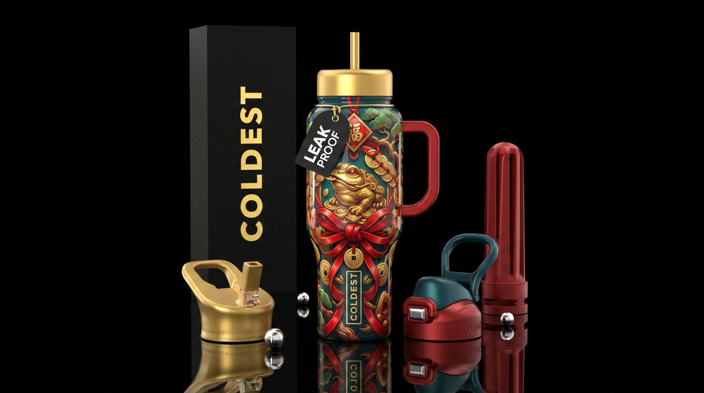 feng shui,luck,frog red ribbon, glossy, trompe-l'œ... water bottle design