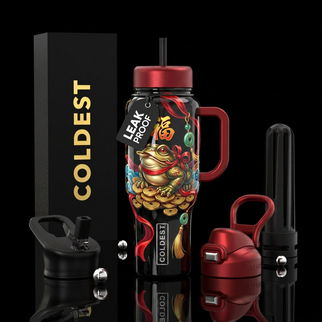 feng shui,luck,frog red ribbon, glossy, trompe-l'œ... water bottle design