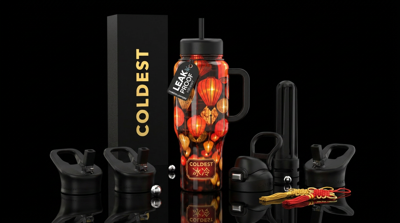 Chinese lanterns, glossy, glowie, trompe-l'œil water bottle design