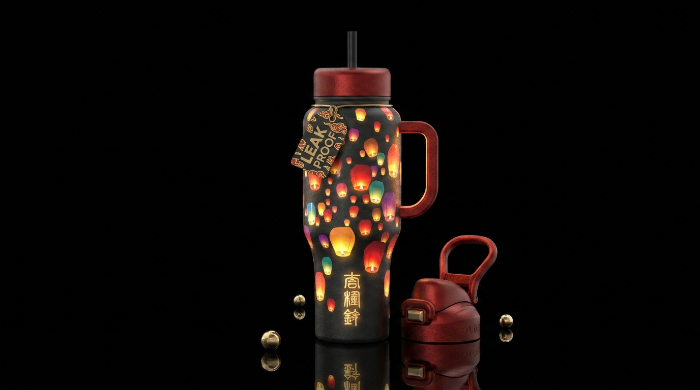 Chinese lanterns floating away, glossy, glowie, tr... water bottle design