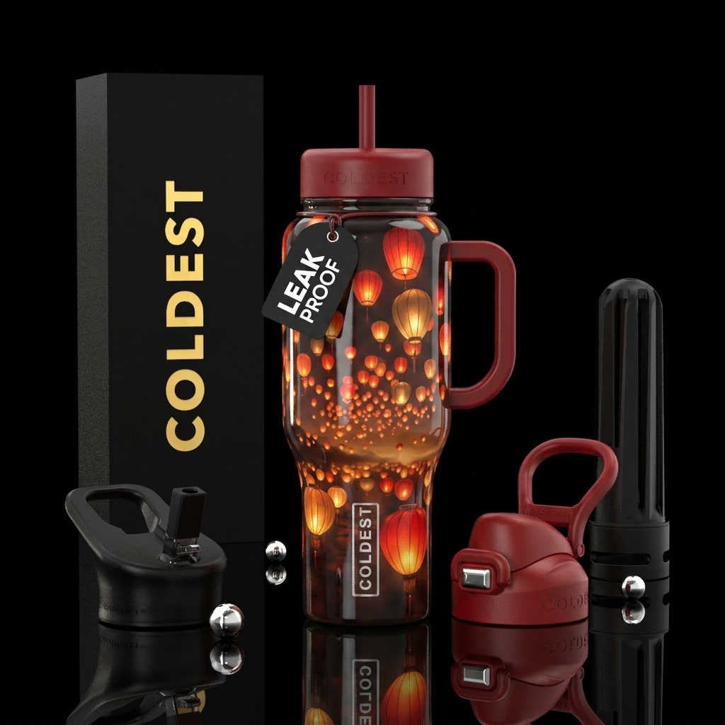 Chinese lanterns floating away, glossy, glowie, tr... water bottle design