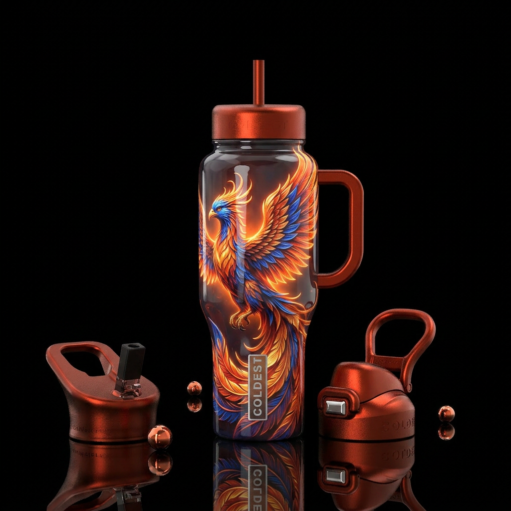 Flamboyant phoenix, glossy, glowie, trompe-l'œil water bottle design