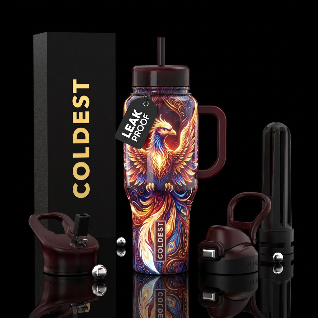 Flamboyant beautiful phoenix, glossy, glowie, trom... water bottle design