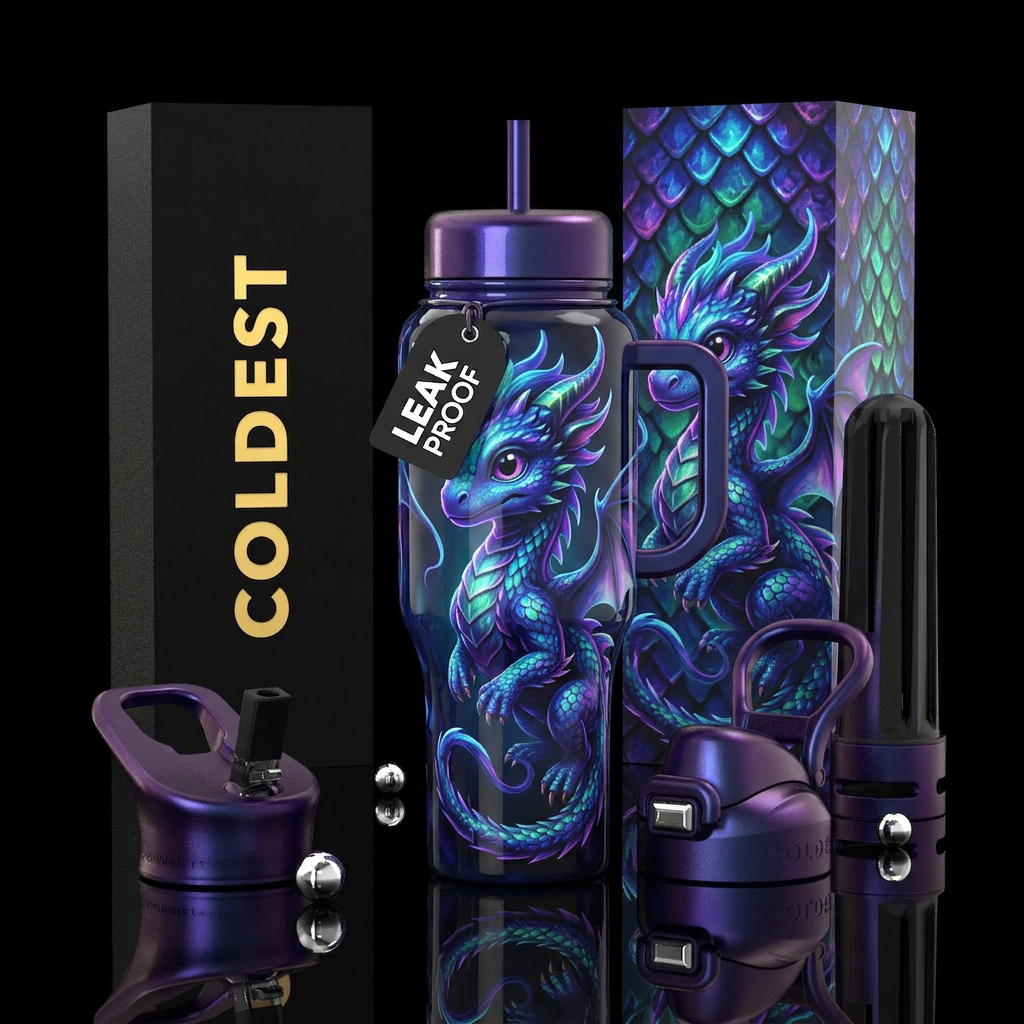Flamboyant baby dragon, glossy, glowie, trompe-l'œ... water bottle design
