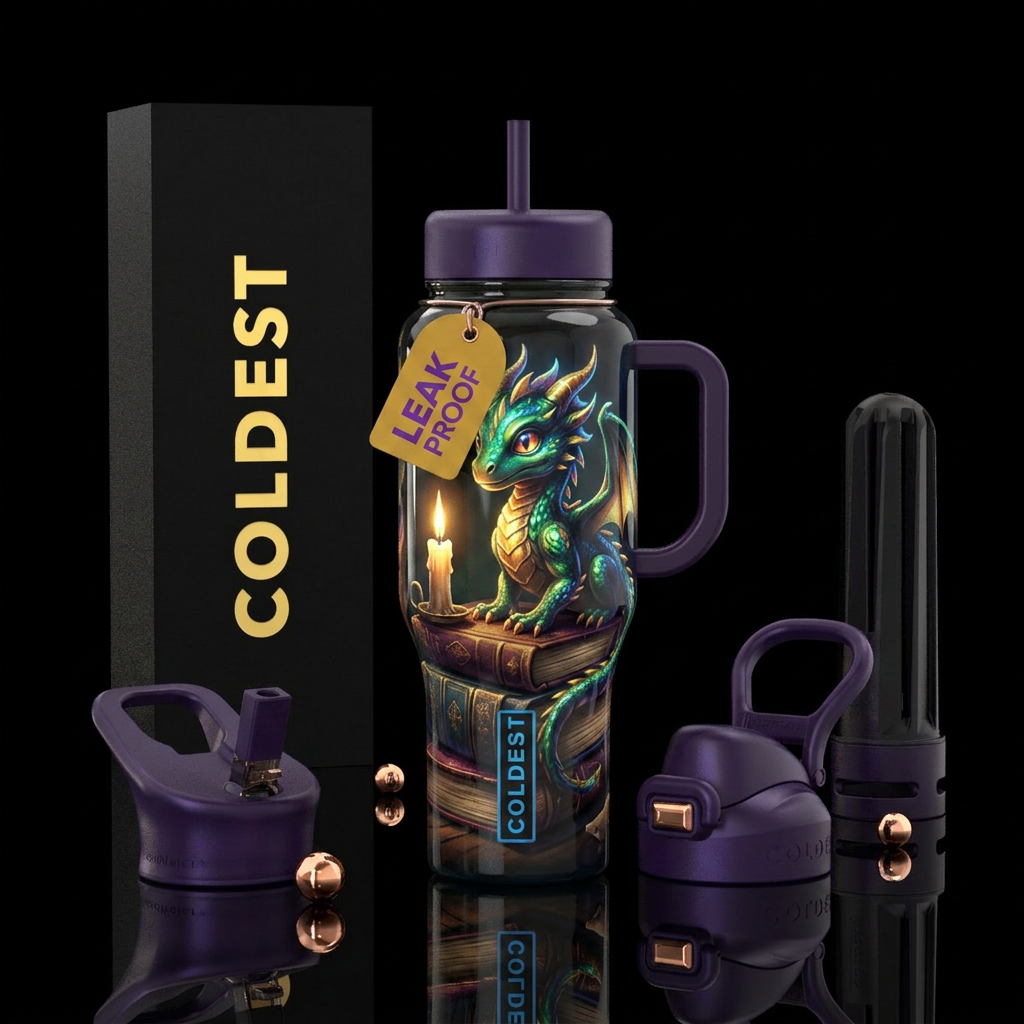 Flamboyant baby dragon, glossy, glowie, trompe-l'œ... water bottle design