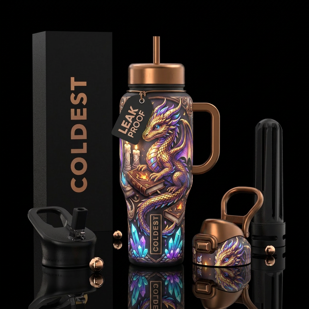 Flamboyant baby dragon, glossy, glowie, trompe-l'œ... water bottle design