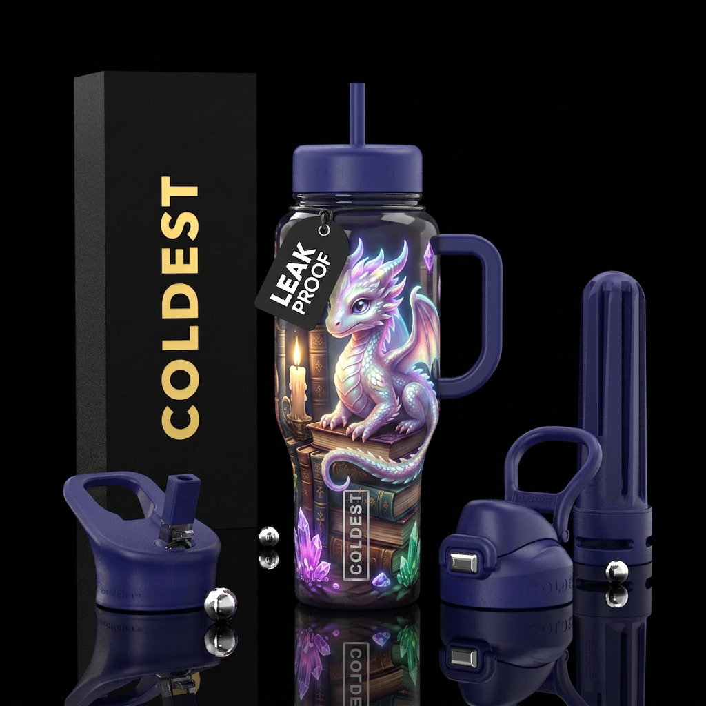 Flamboyant baby dragon, glossy, glowie, trompe-l'œ... water bottle design