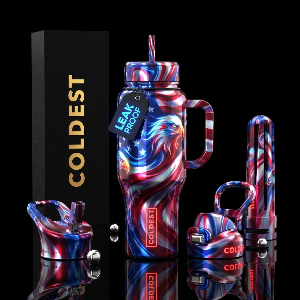 Flamboyant patriotic, glossy, glowie, trompe-l'œil... water bottle design