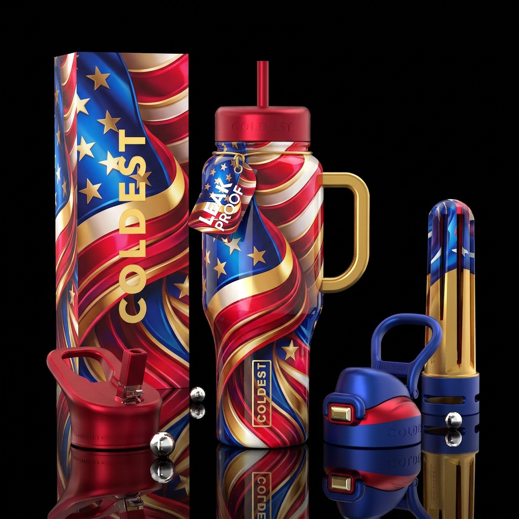 Flamboyant patriotic, glossy, glowie, trompe-l'œil... water bottle design