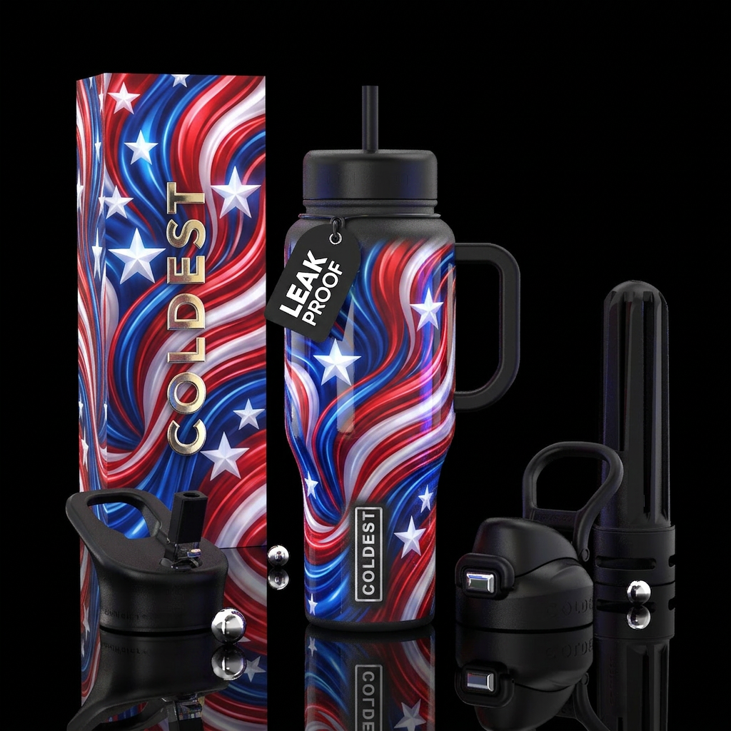 Flamboyant patriotic, glossy, glowie, trompe-l'œil... water bottle design