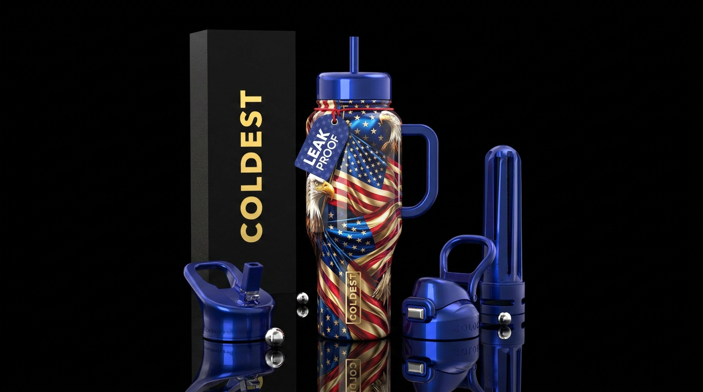 Flamboyant patriotic, glossy, , trompe-l'œil, water bottle design