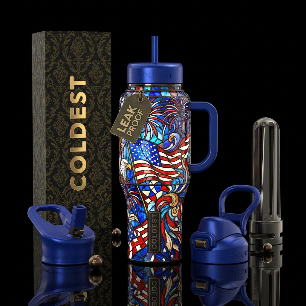 Flamboyant patriotic, glossy, , trompe-l'œil, Tiff... water bottle design
