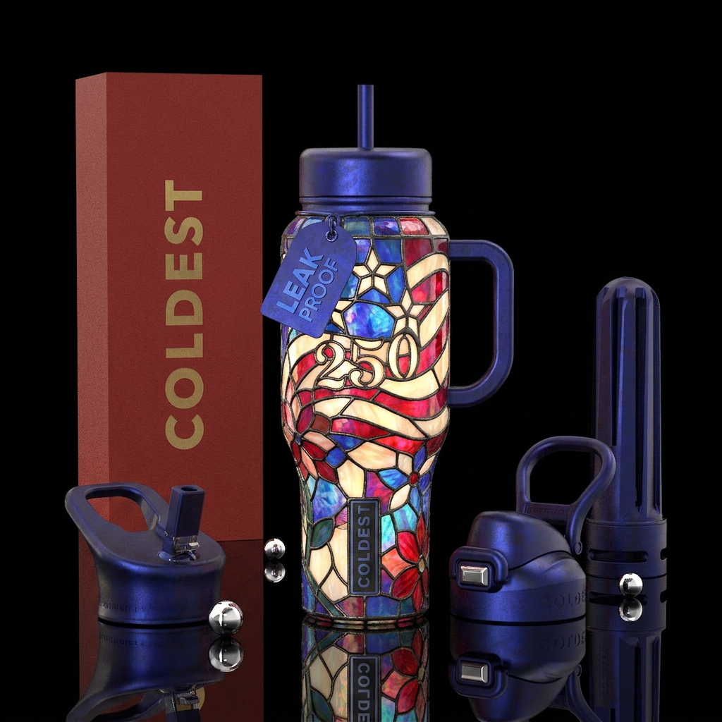 Flamboyant patriotic, glossy, , trompe-l'œil, Tiff... water bottle design