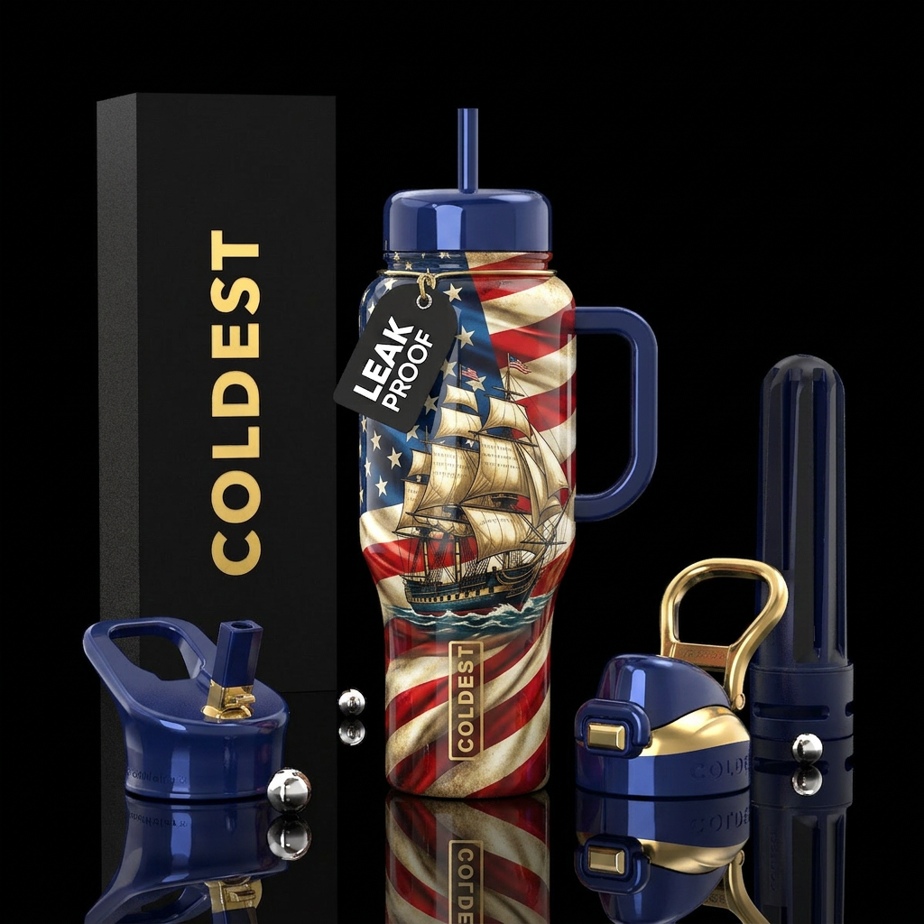 Flamboyant patriotic, glossy, , trompe-l'œil,  uss... water bottle design