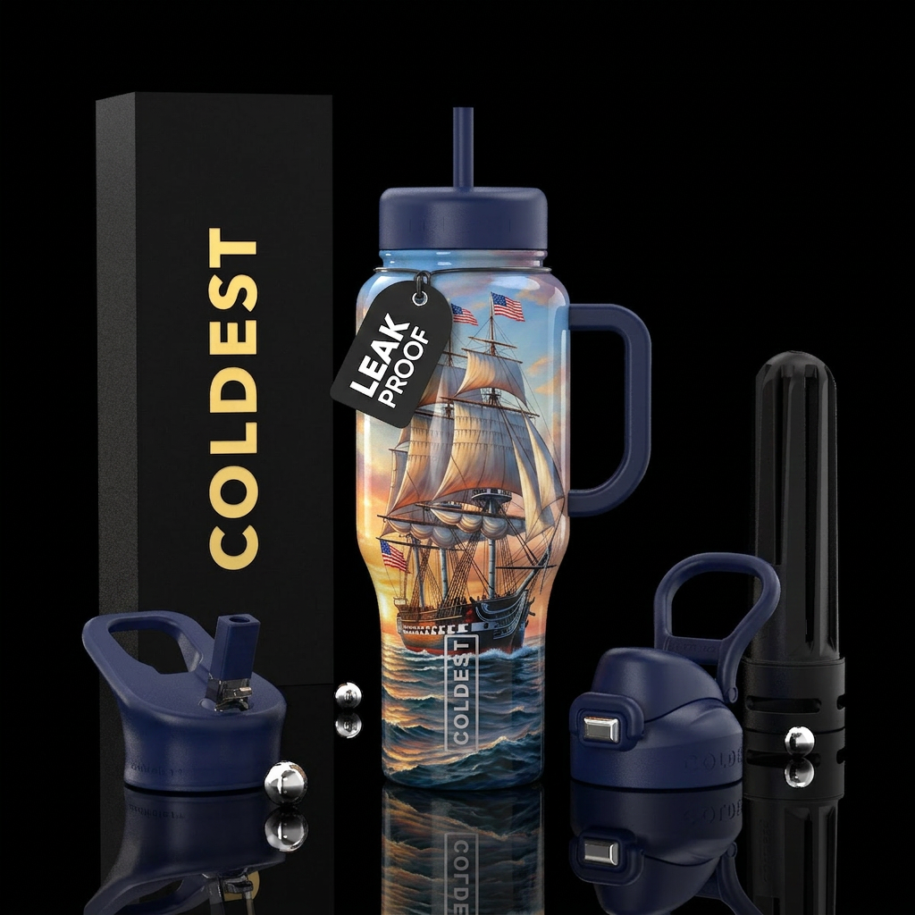 Flamboyant patriotic, glossy, , trompe-l'œil,  uss... water bottle design