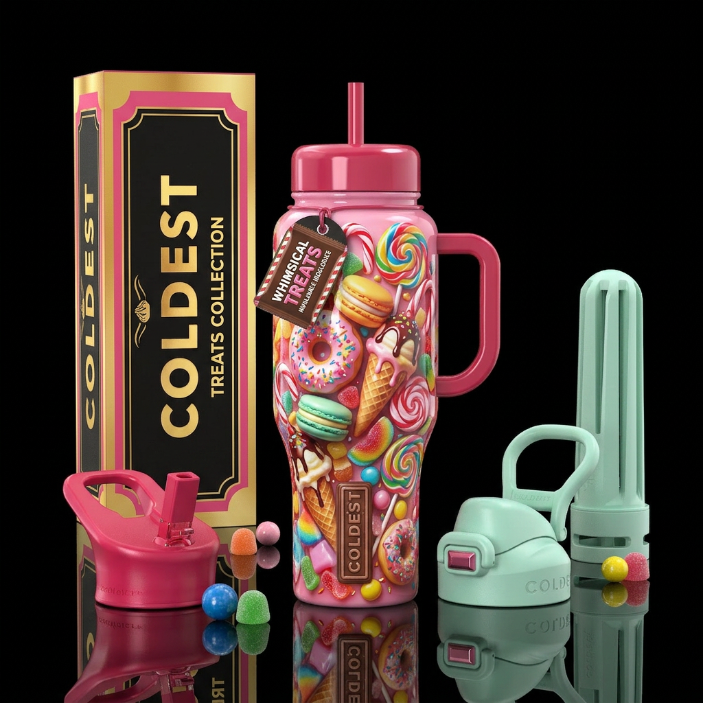 Whimsical sweet treats,flamboyant, glossy, trompe-... water bottle design