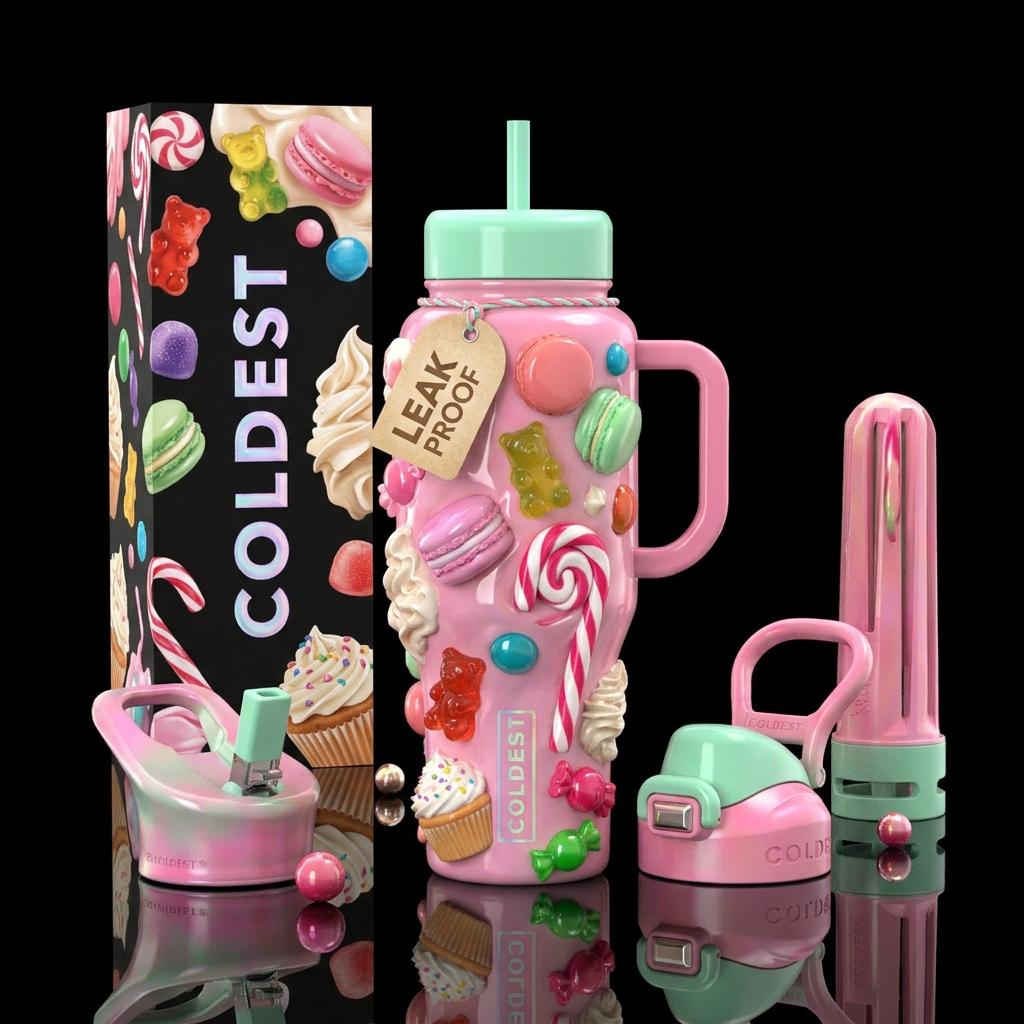 Whimsical sweet treats,flamboyant, glossy, trompe-... water bottle design