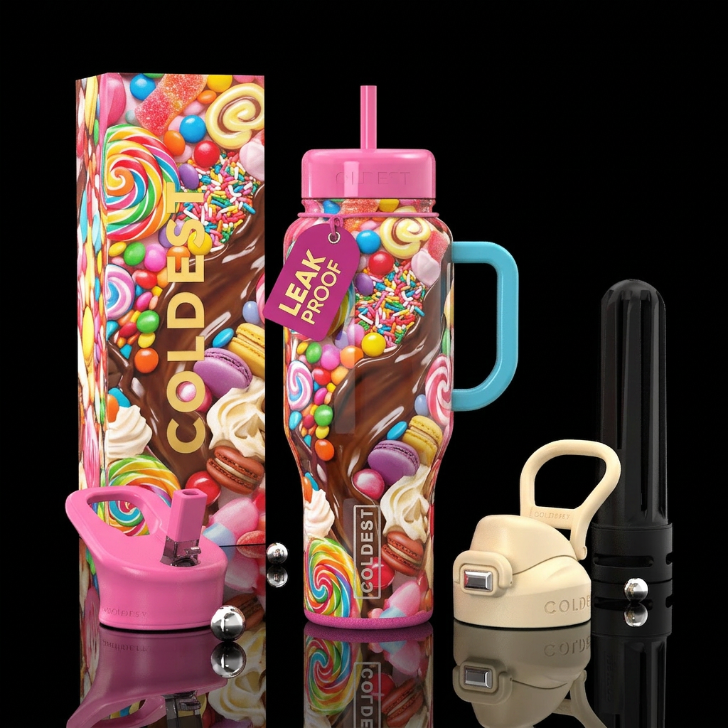 Whimsical sweet treats,flamboyant, glossy, trompe-... water bottle design