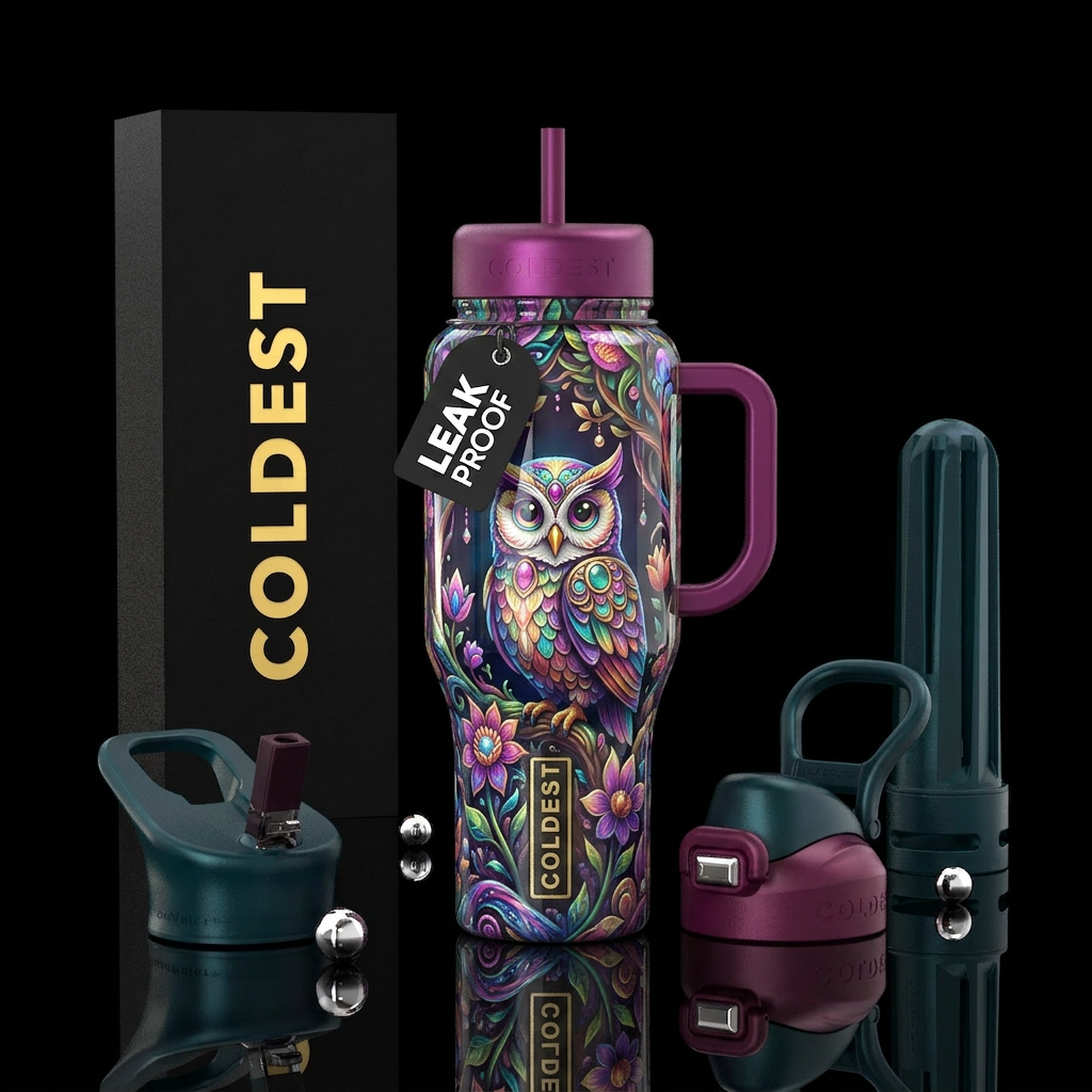 Whimsical owl,flamboyant, glossy, trompe-l'œil, in... water bottle design