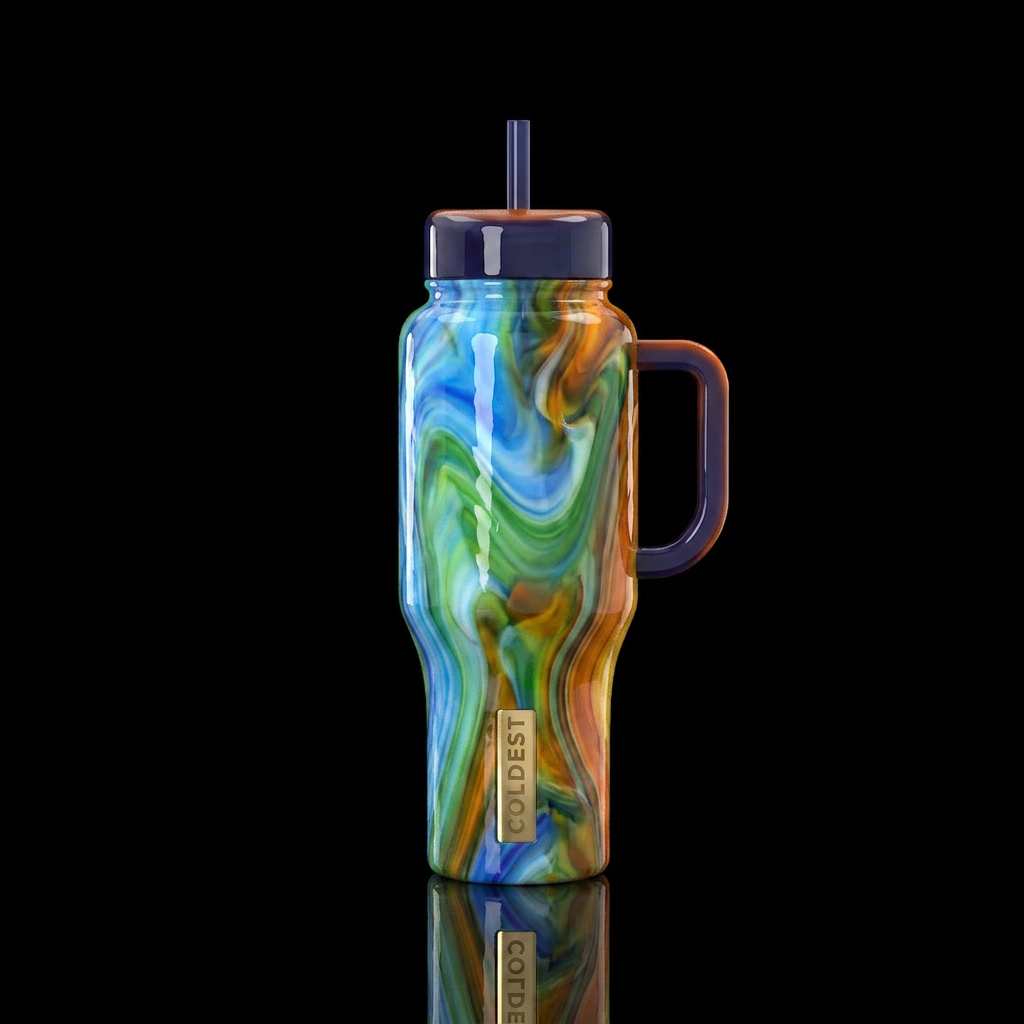Whimsical slag glass,flamboyant, glossy, trompe-l'... water bottle design