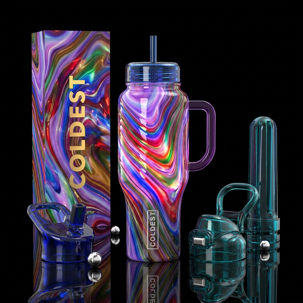 Whimsical glowie slag glass,flamboyant, glossy, tr... water bottle design