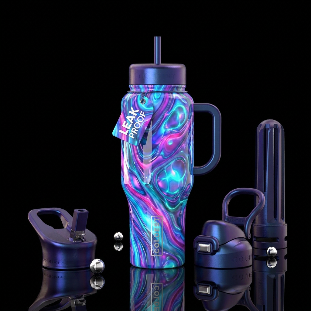 Whimsical glowie slag glass,flamboyant, glossy, tr... water bottle design
