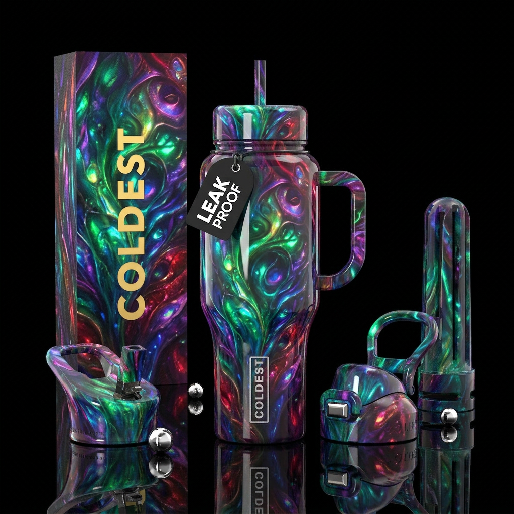 Whimsical glowie ,flamboyant, glossy, trompe-l'œil... water bottle design