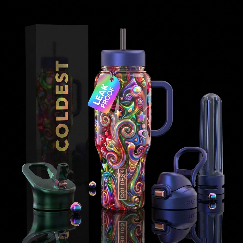Whimsical glowie ,flamboyant, glossy, trompe-l'œil water bottle design