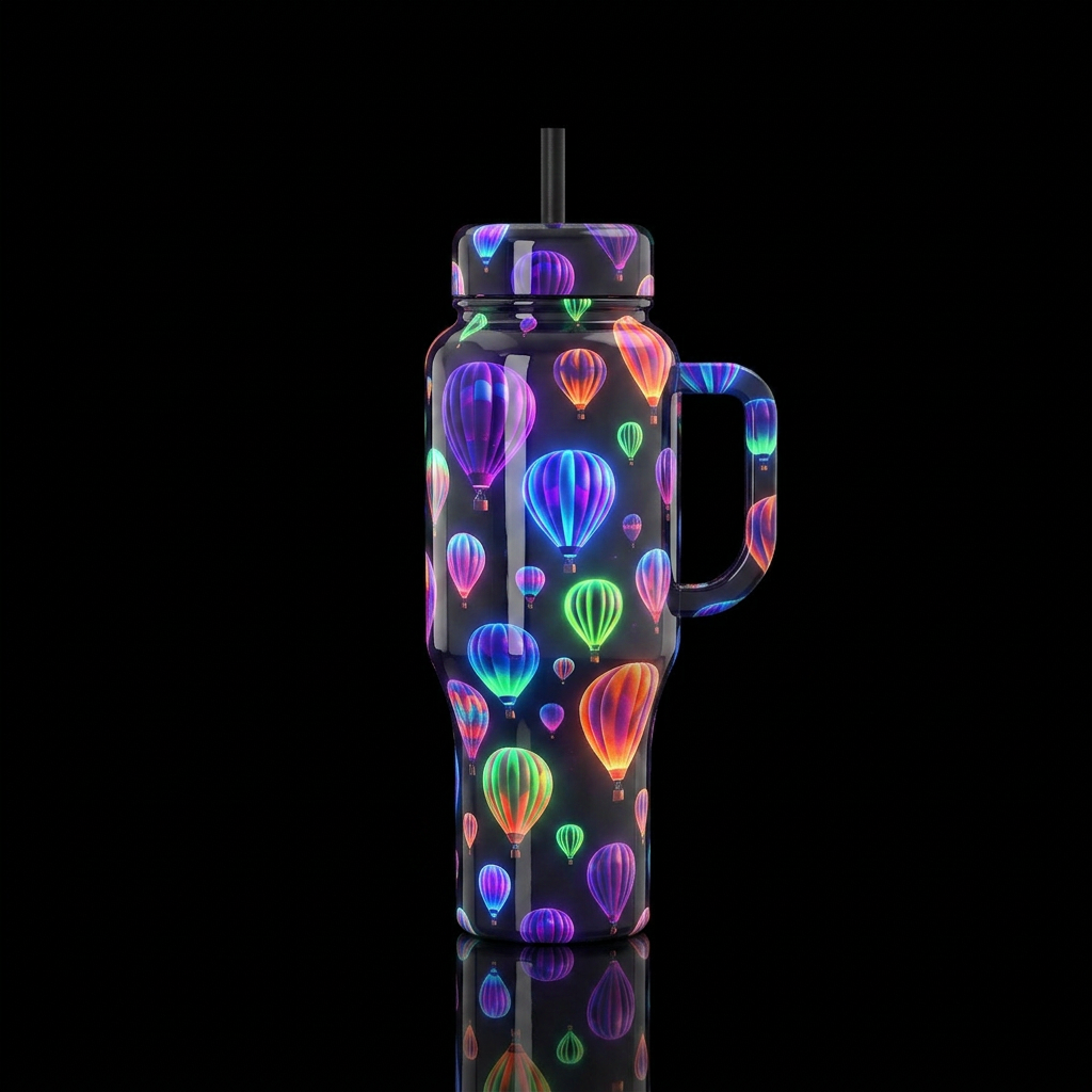 Whimsical glowie ,flamboyant, glossy, trompe-l'œil... water bottle design