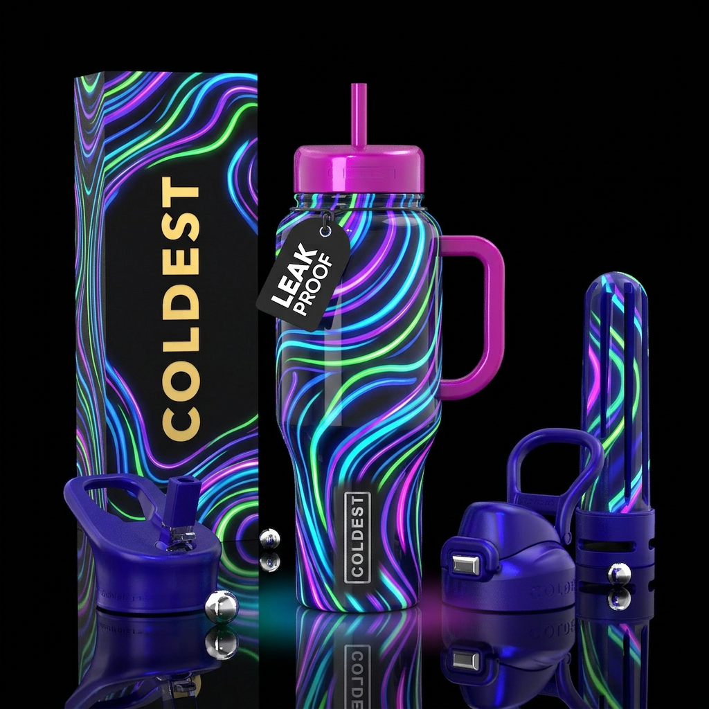 Whimsical glowie ,flamboyant, glossy, trompe-l'œil... water bottle design
