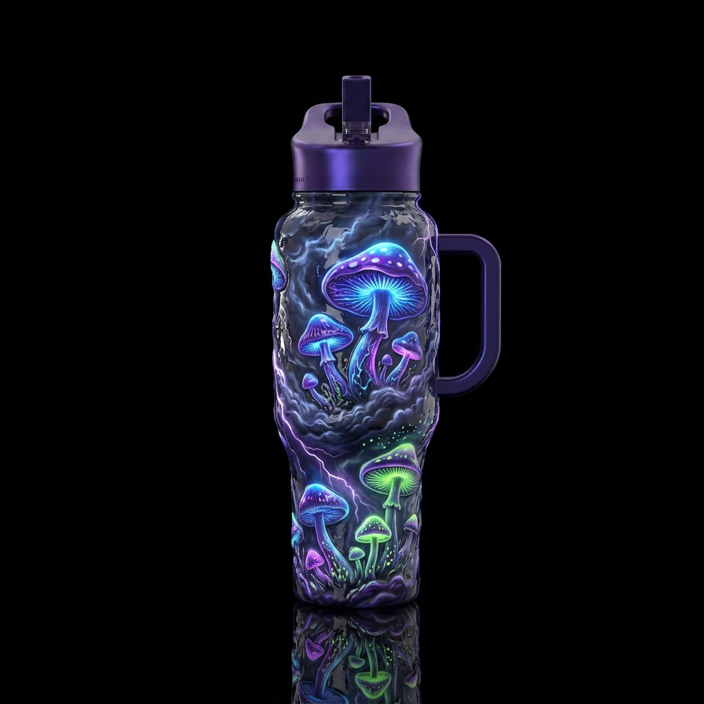 Storm born fantasy mushrooms, glossy, glowie, trom... water bottle design