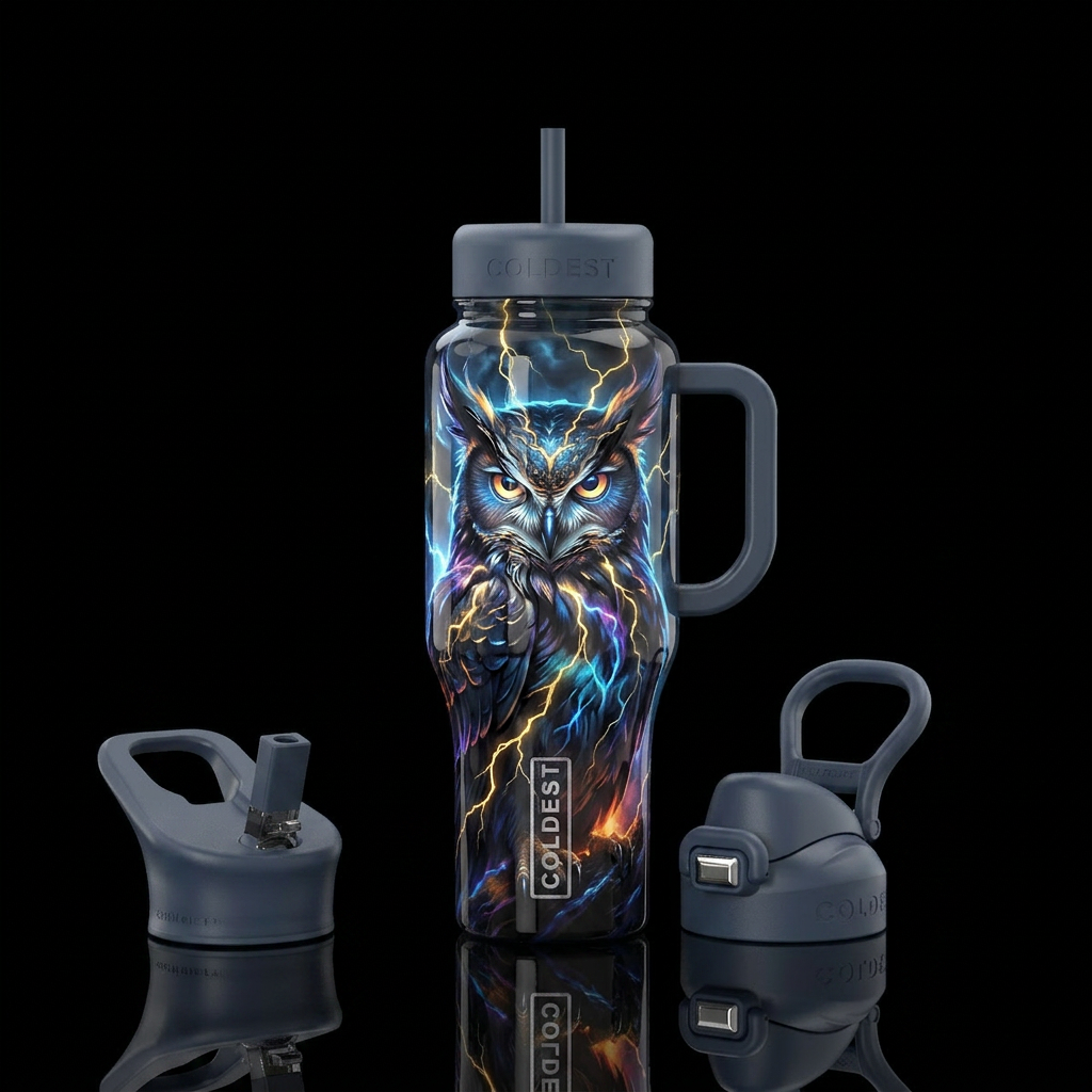 Storm born fantasy owl, glossy, glowie, trompe-l'œ... water bottle design