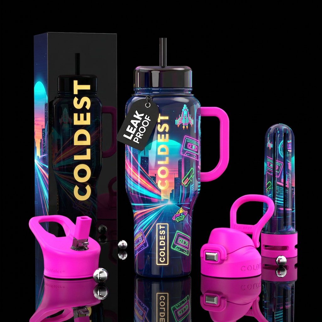 Retro glowie, glossy, trompe-l'œil water bottle design