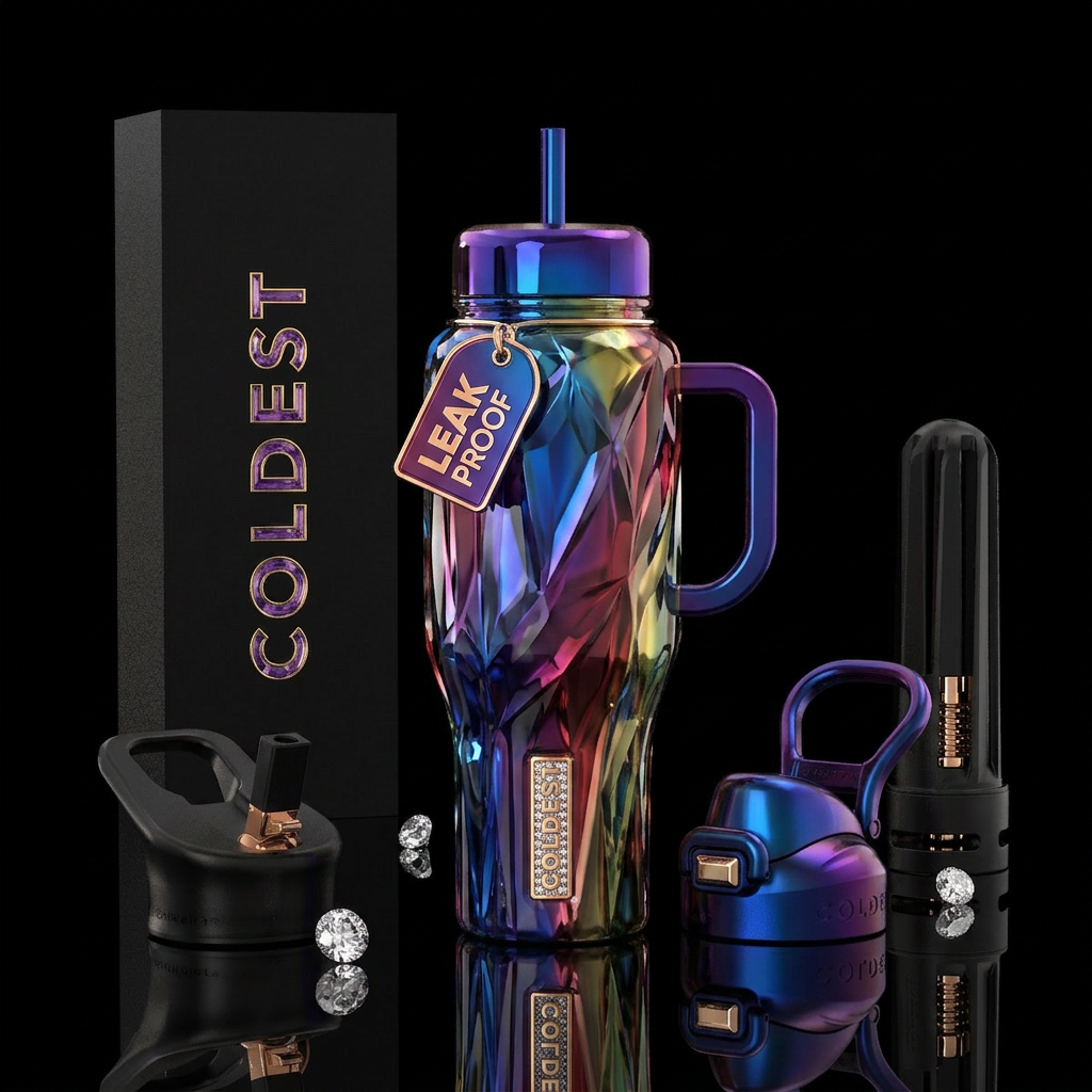 glossy, trompe-l'œil, savvy,dramatic water bottle design