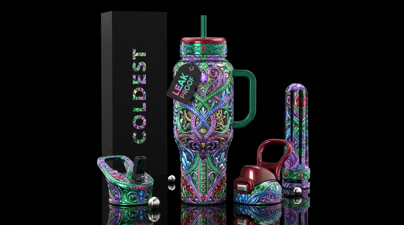 glossy, trompe-l'œil, savvy,dramatic water bottle design