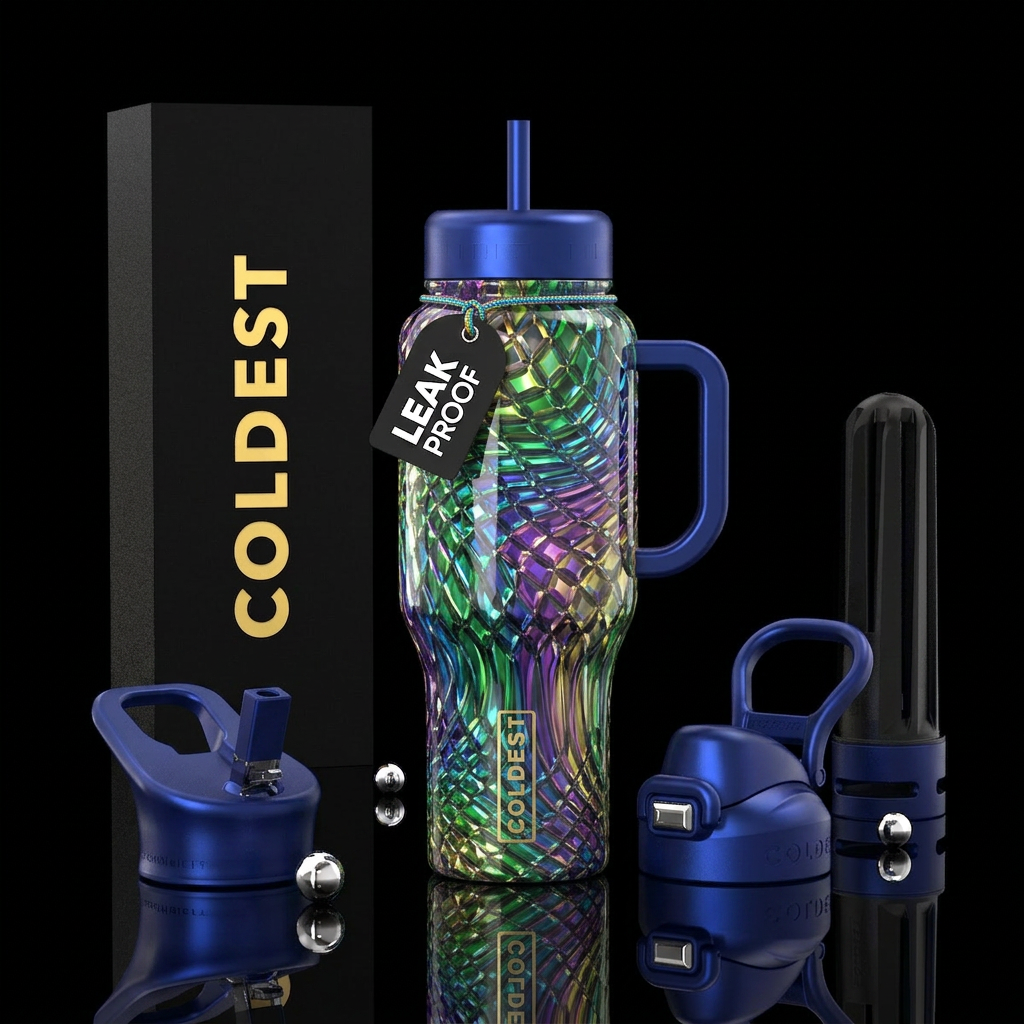 glossy, trompe-l'œil, savvy,dramatic water bottle design